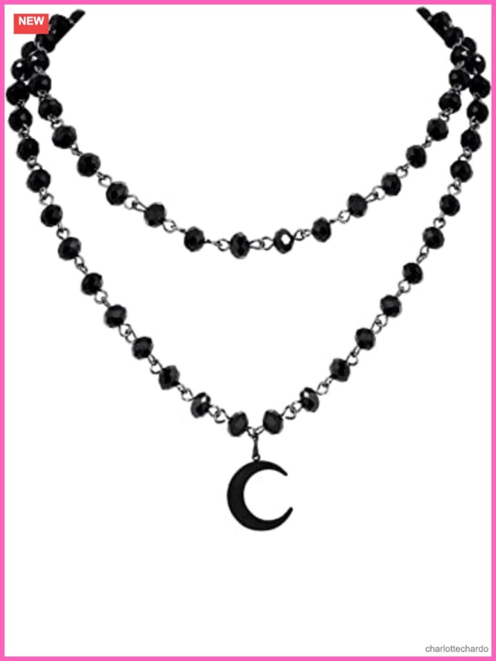Layered Black Beaded Choker Moon Pendant Copper Black Onyx Gothic Necklace